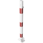 Barrier posts | Steel tube  60 x 2,5 mm | foldable | with Euro profile cylinder lock | to be fixed by plugswith base plate 100 x 150 mm | hot-dip galvanized and white coatedwith three red reflecting stripes | with 1 eyelet